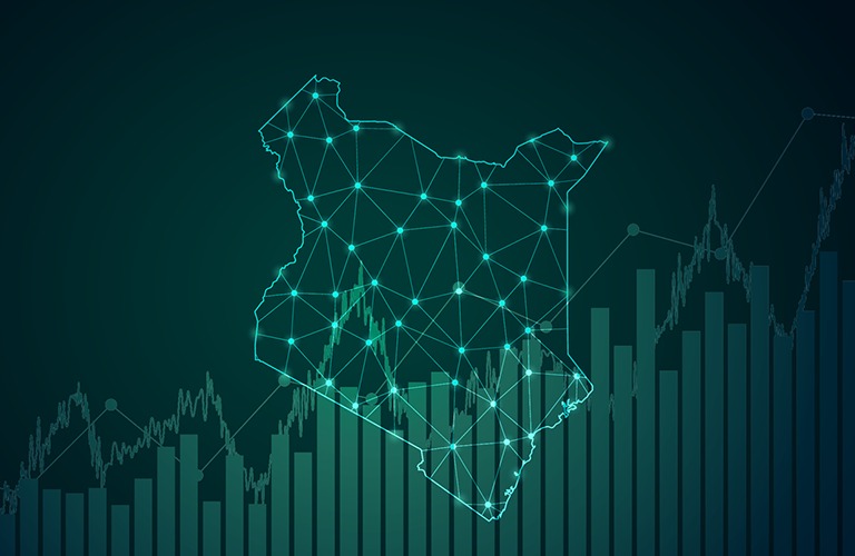 Illustration of Kenya mapped as a connected network of glowing nodes rising over a mobile-money growth chart